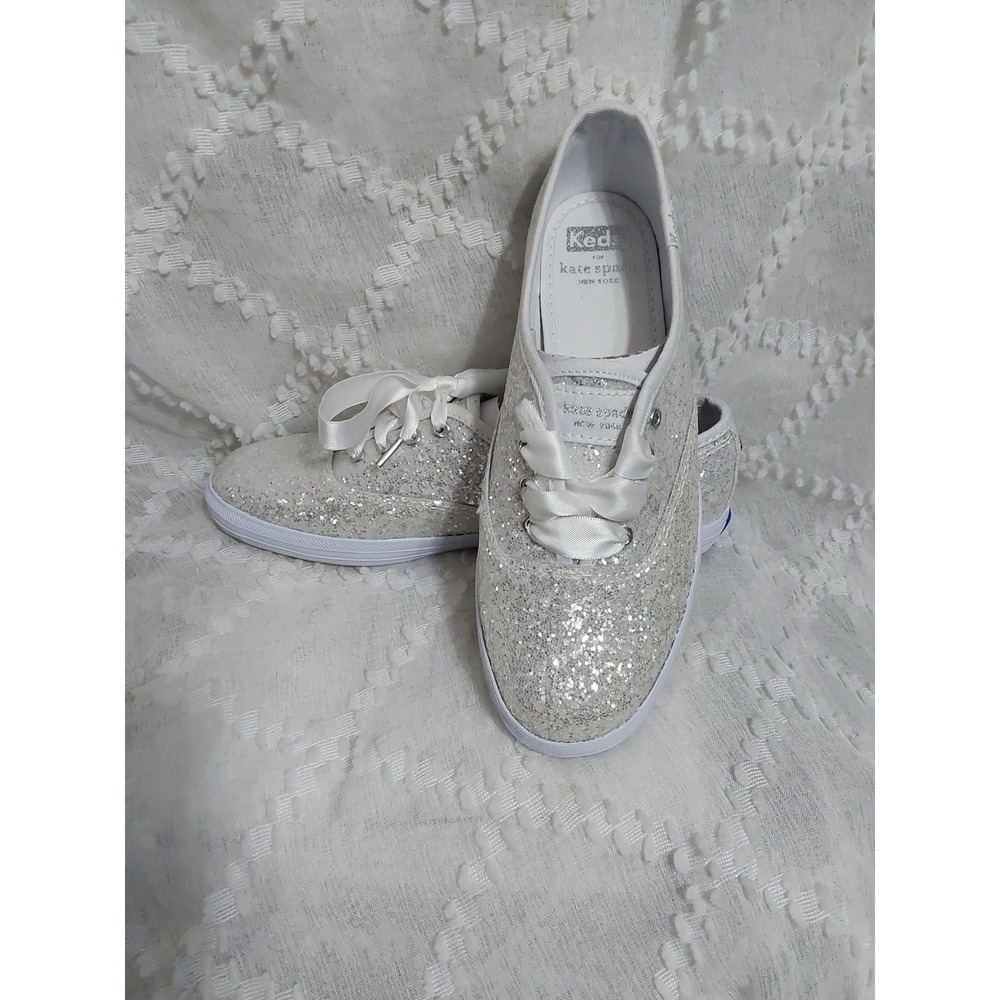 Kate Spade Keds Glitter Sparkle White Ribbon Lace Sneakers Women